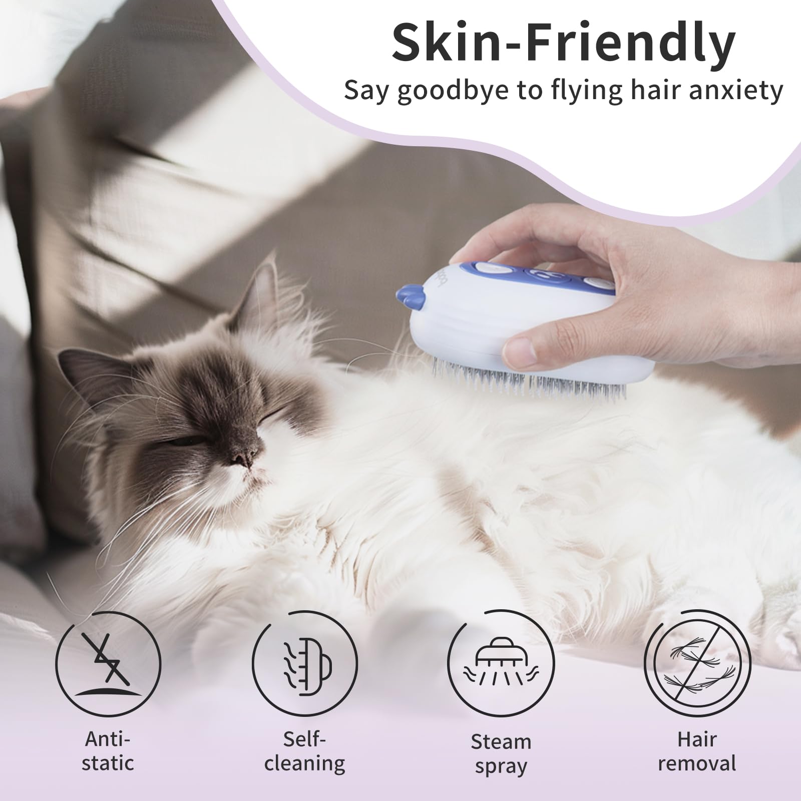 Bobopal Cat Steam Brush minimizes static to keep fur soft and manageable.