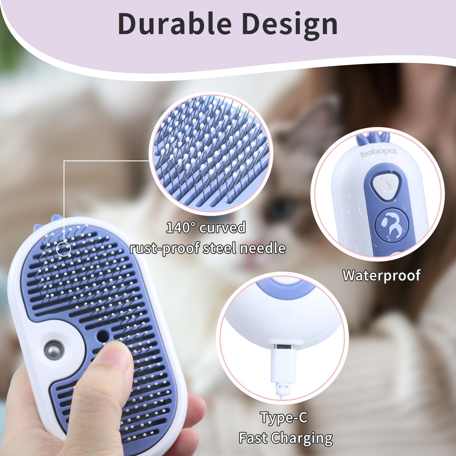 Bobopal Cat Steam Brush uses durable ABS and steel for long-term grooming.