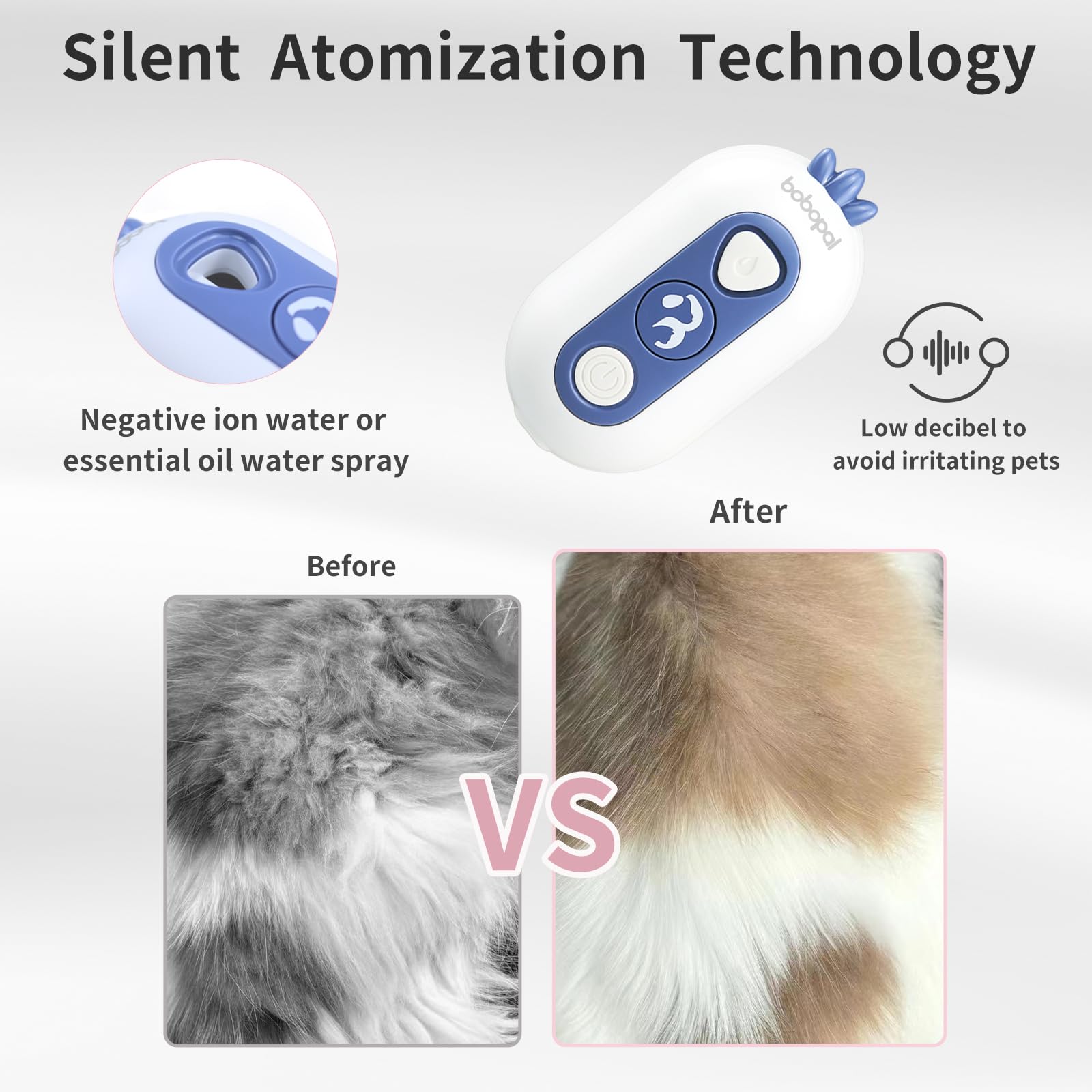 Bobopal Cat Steam Brush silent atomization reduces pet stress during grooming.