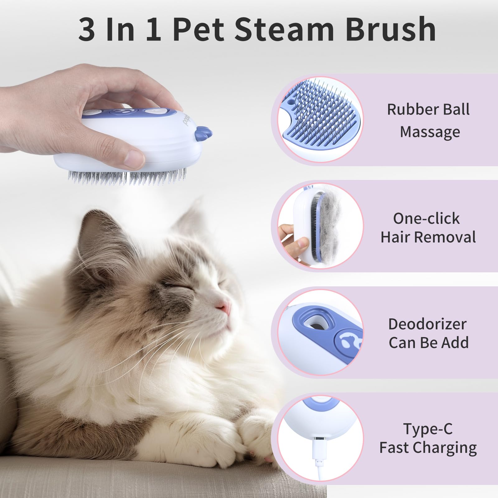 Bobopal Cat Steam Brush with large water tank enables longer, uninterrupted sessions.