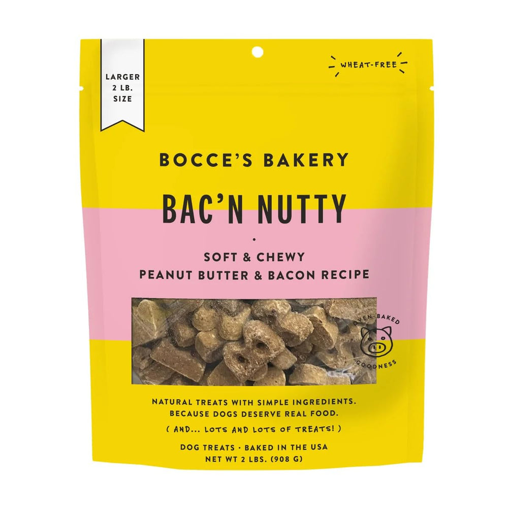 Bocce’s Bakery Bac ’N Nutty soft chews front bag, ideal for training rewards.