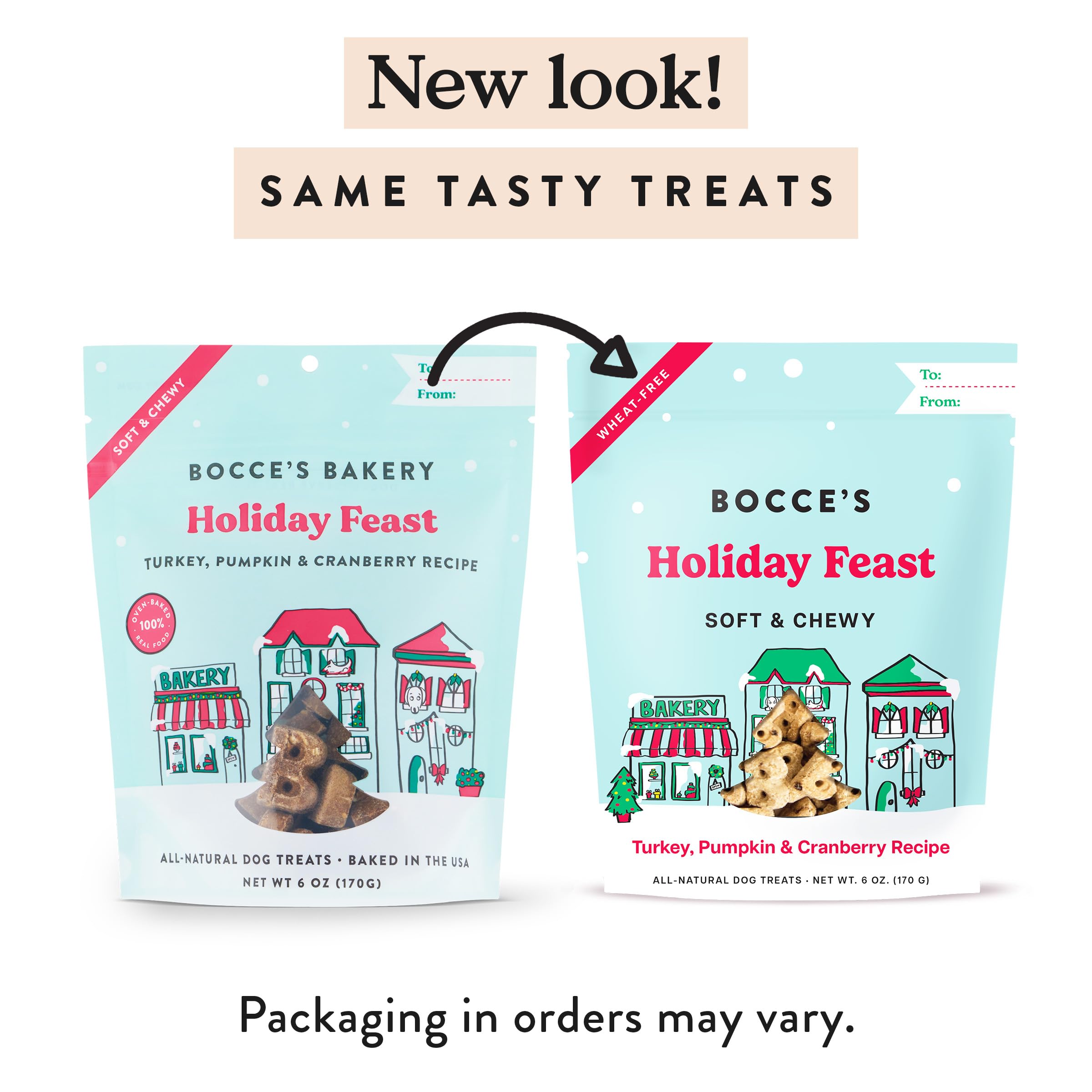 Bocce's Bakery Holiday Feast calories-per-treat image indicates 14 calories per bite