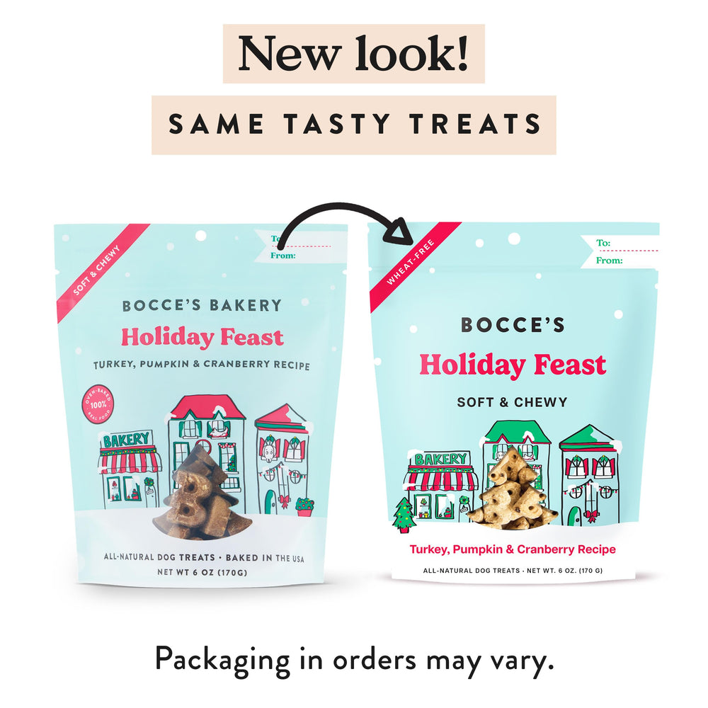 Bocce's Bakery Holiday Feast calories-per-treat image indicates 14 calories per bite