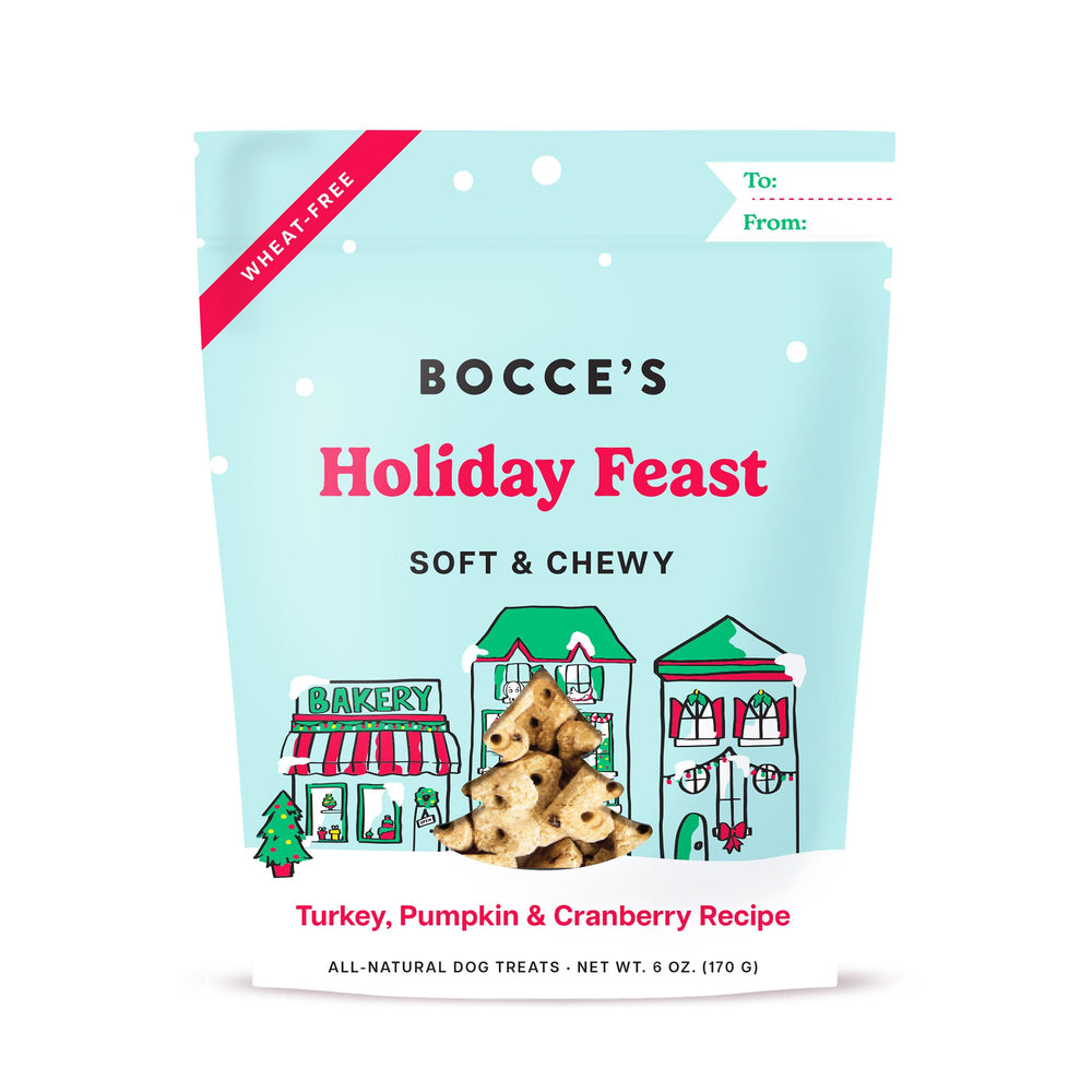 Bocce's Bakery Holiday Feast packaging-6oz image shows ready-to-use bag