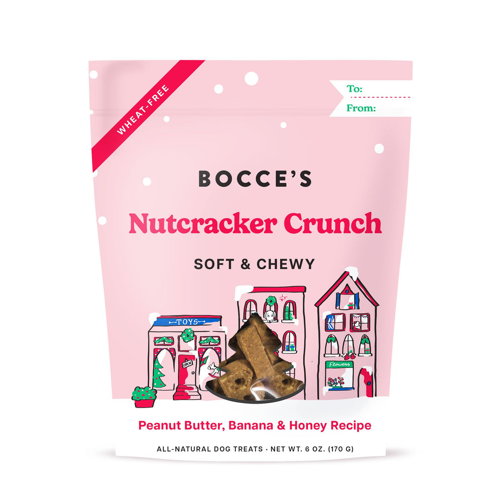 Bocce's Bakery Nutcracker Crunch packaging for festive holiday dog treats.