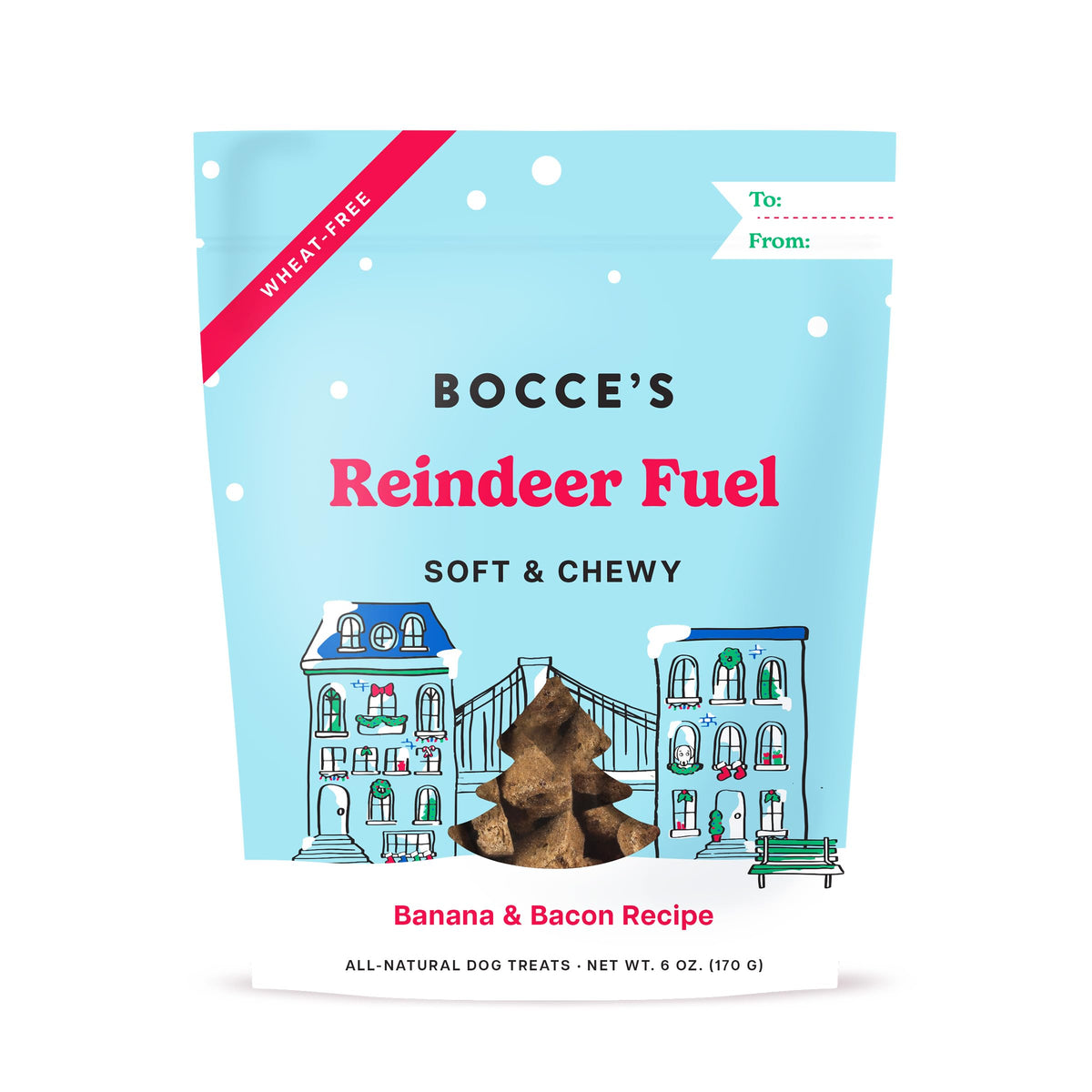 Bocce's Bakery Reindeer Fuel bag-front showcases festive packaging for holiday gifting and sharing.