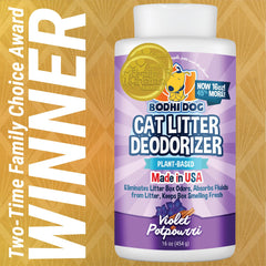 Bodhi Dog Odor Eliminator being sprinkled for simple usage in litter box