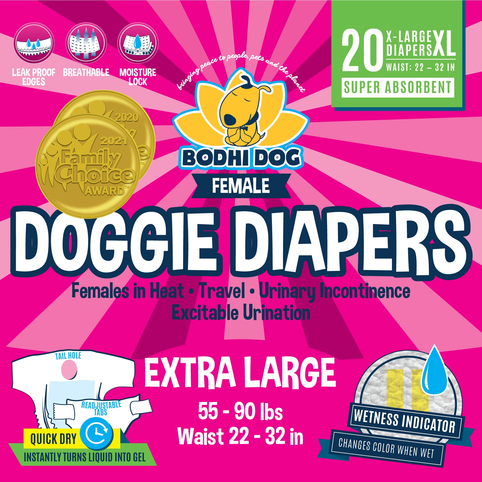 Bodhi Dog disposable female diapers XL, snug waist shown with absorbent core for dryness and leak protection.