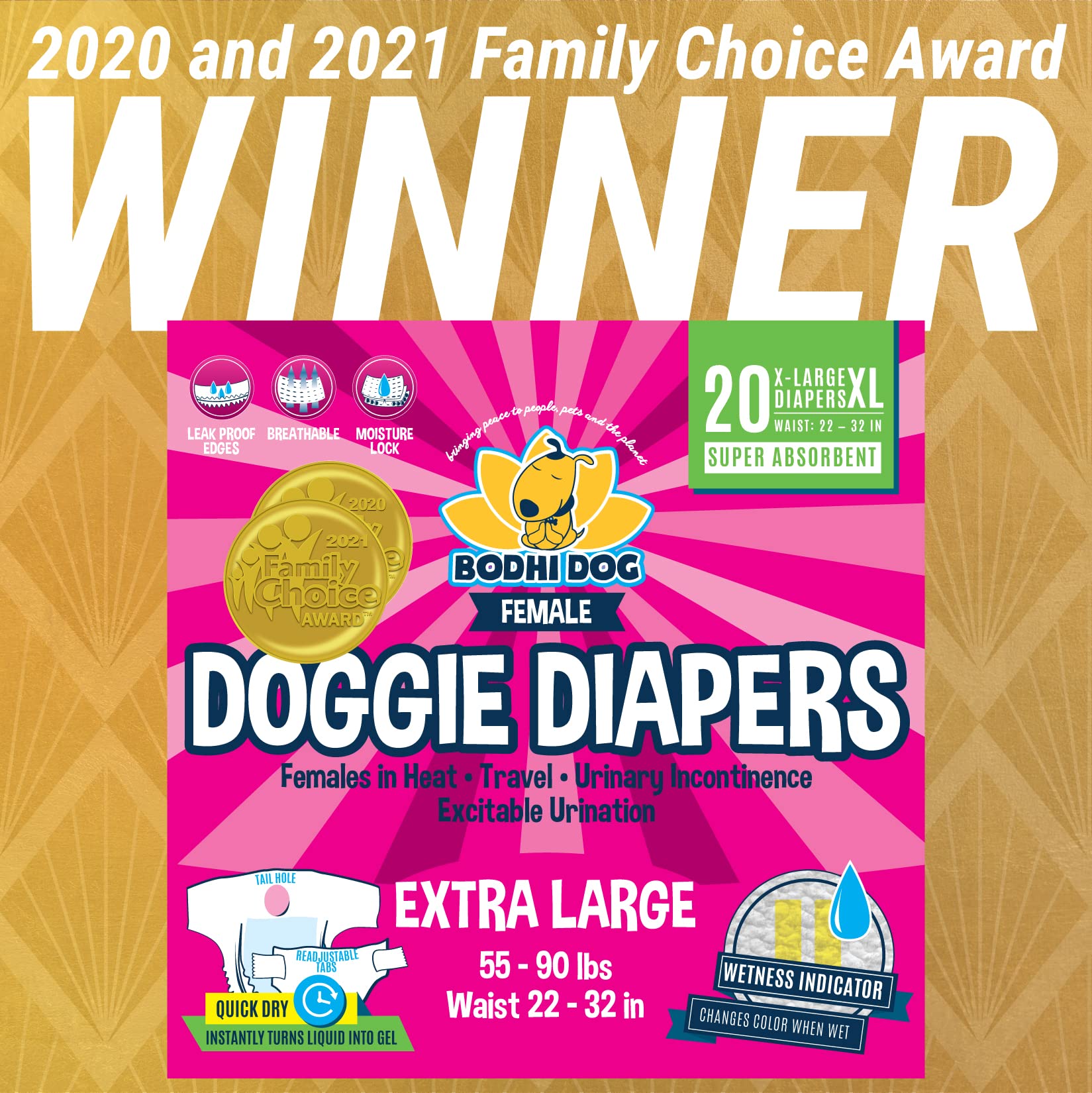 Bodhi Dog diapers XL, wetness indicator strip visible for easy changes and hygiene.