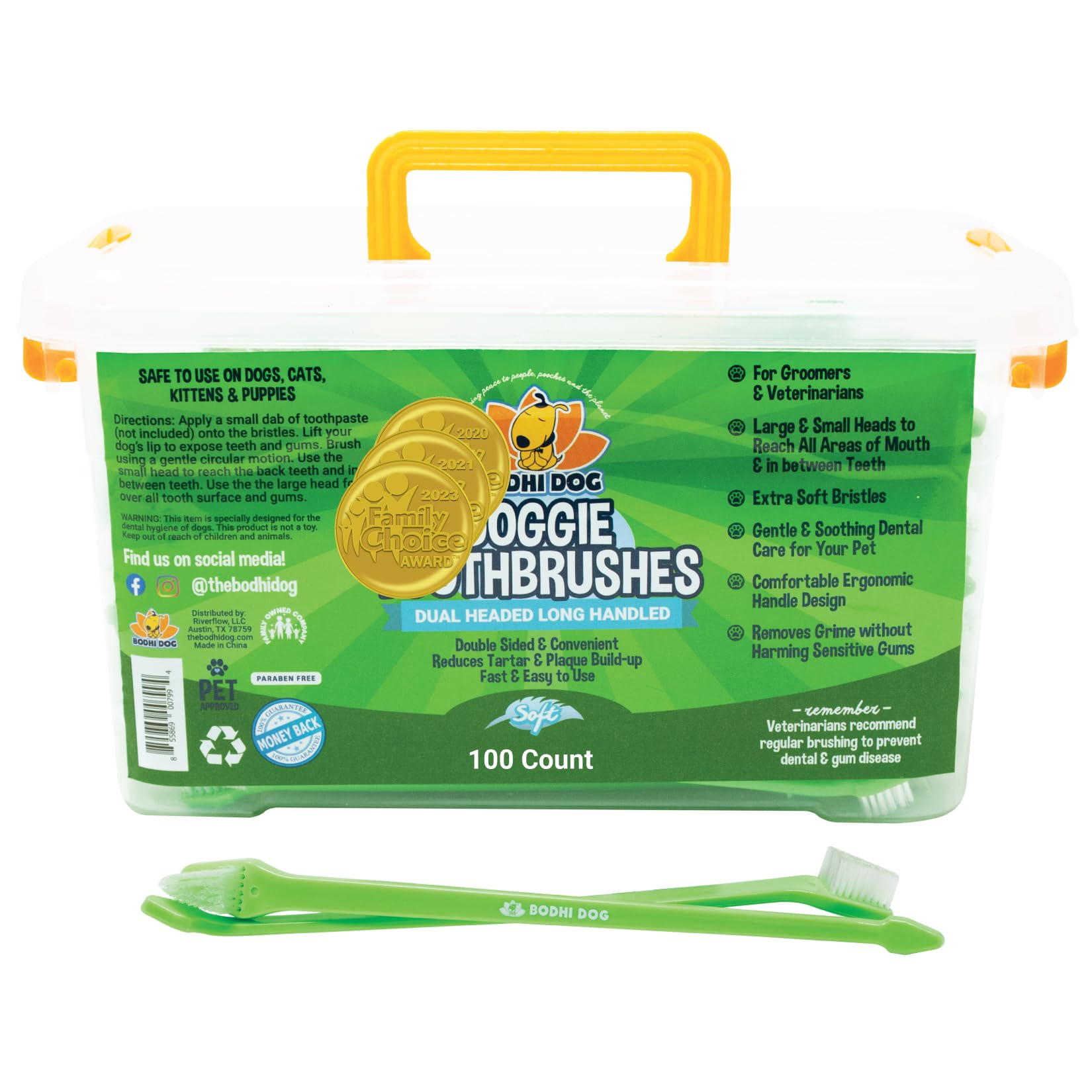 Bodhi Dog dual-headed toothbrush soft-bristles closeup for gentle pet dental care and fresh breath.