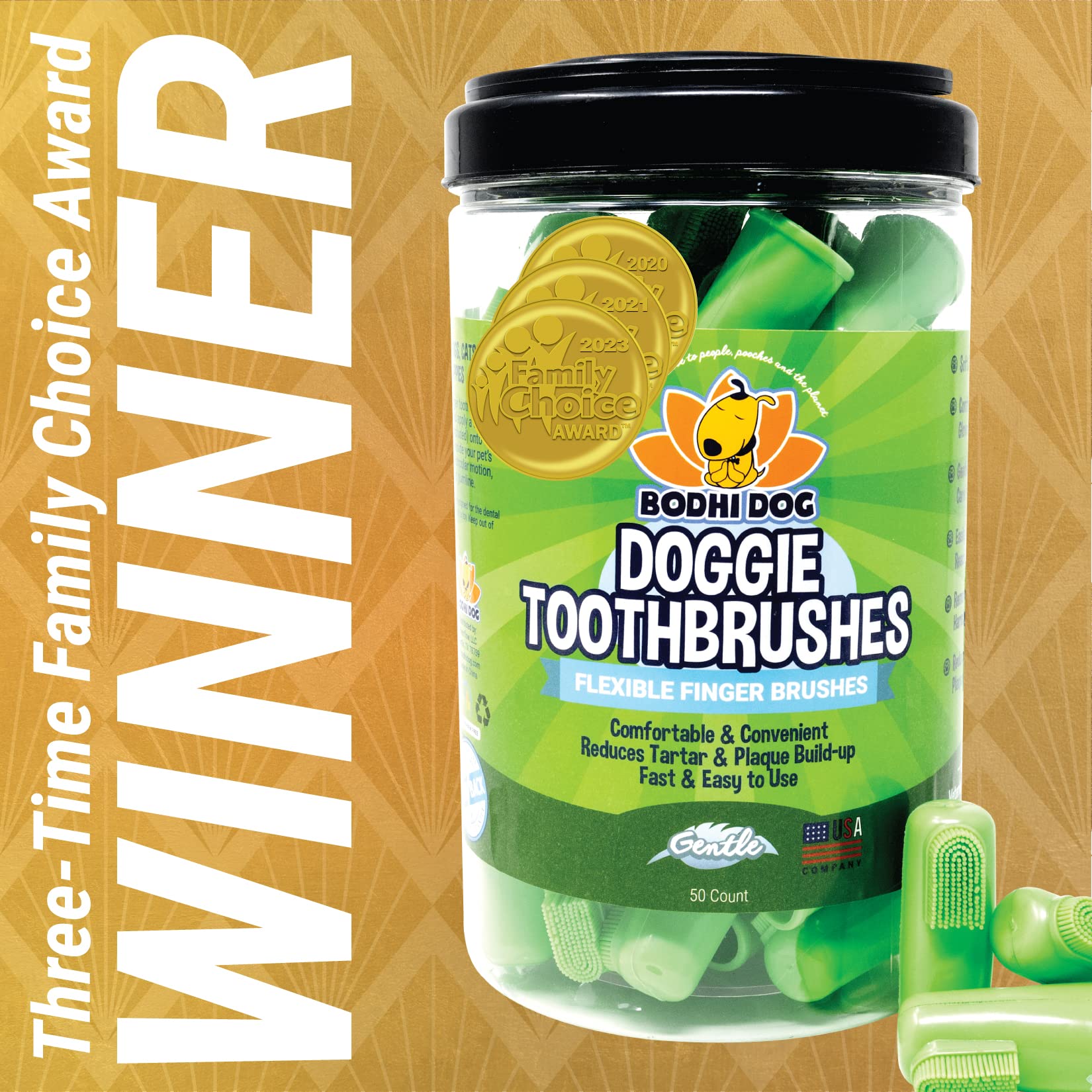 Bodhi Dog finger toothbrush on finger ready for easy at-home brushing
