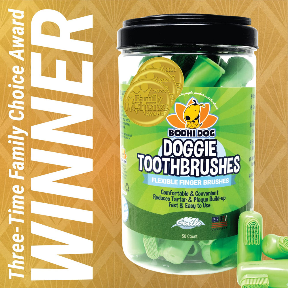 Bodhi Dog finger toothbrush on finger ready for easy at-home brushing