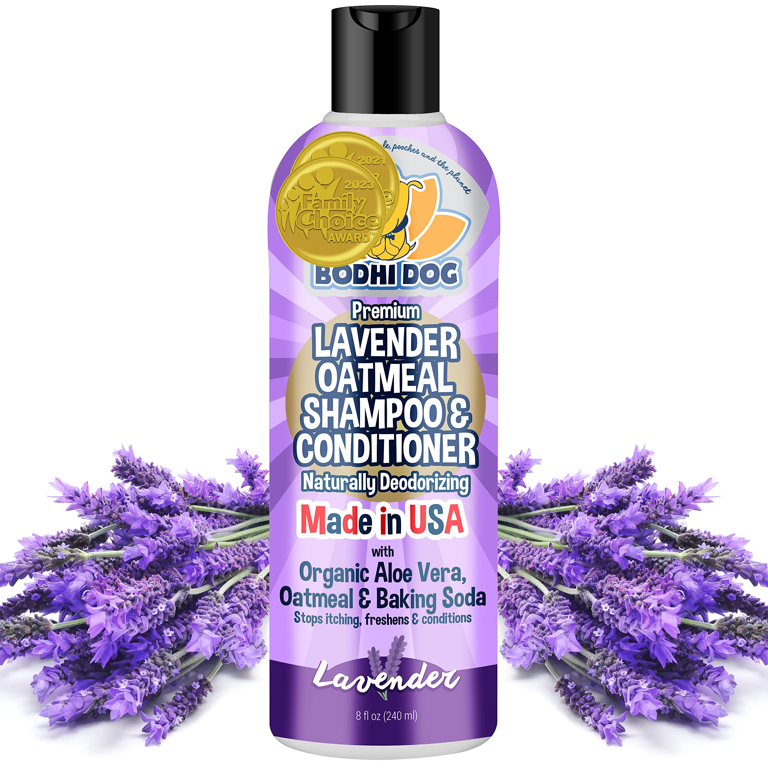 Bodhi Dog Lavender Oatmeal Shampoo bottle promotes gentle cleansing for sensitive pets