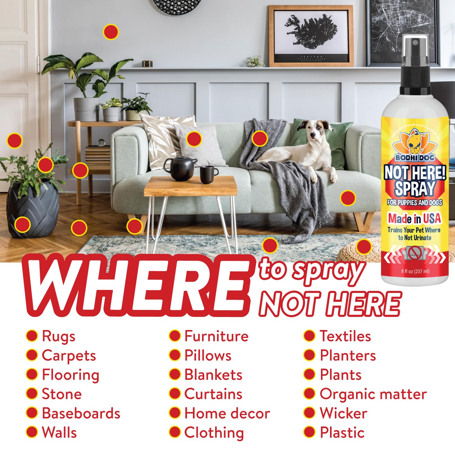 Bodhi Dog Not Here Spray demonstrates safe use on fabrics
