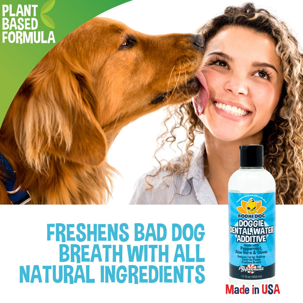 Bodhi Dog Peppermint Dental Water Additive box with bottle close-up.