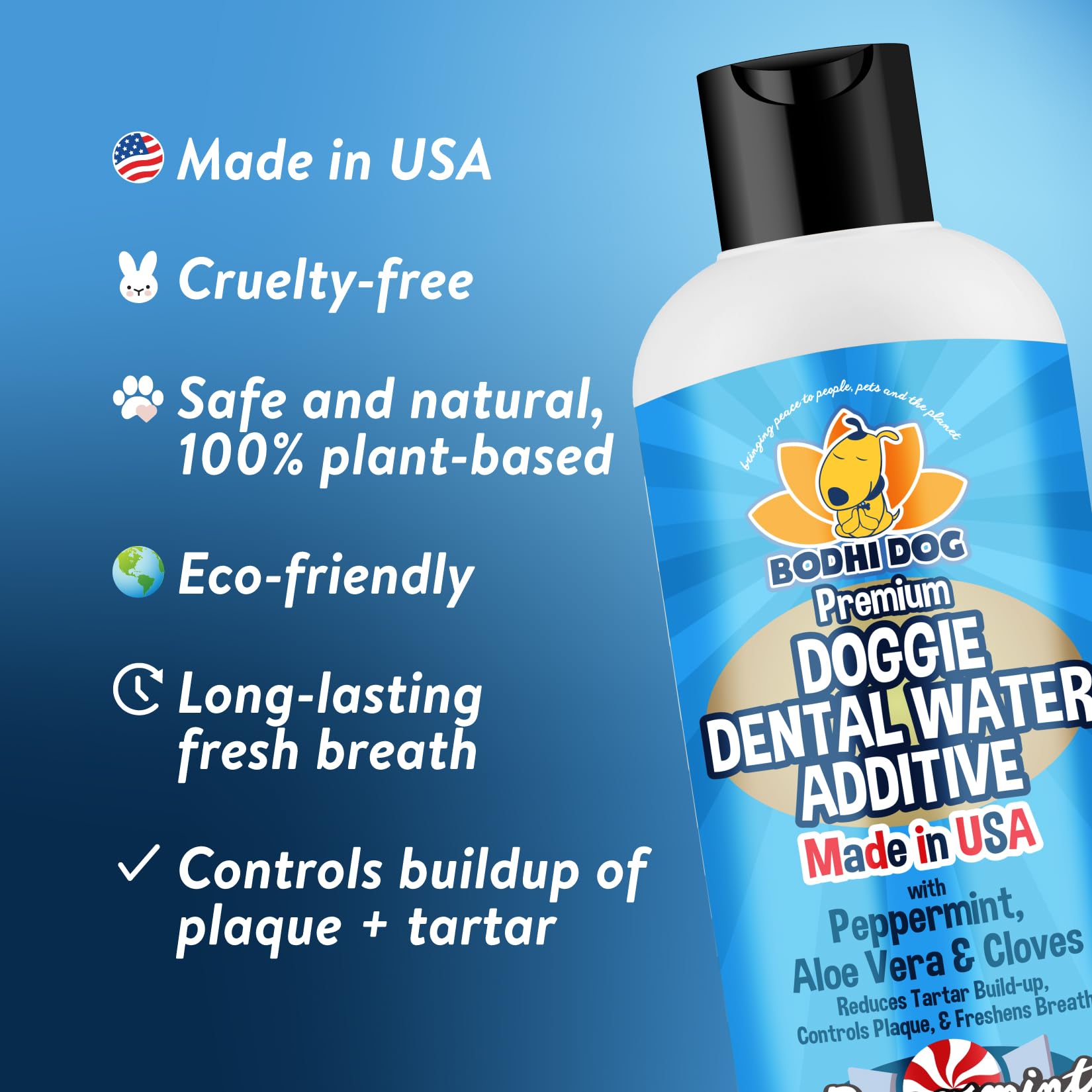 Bodhi Dog Peppermint Dental Water Additive in bowl promotes fresh breath.