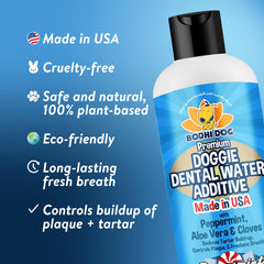 Bodhi Dog Peppermint Dental Water Additive in bowl promotes fresh breath.