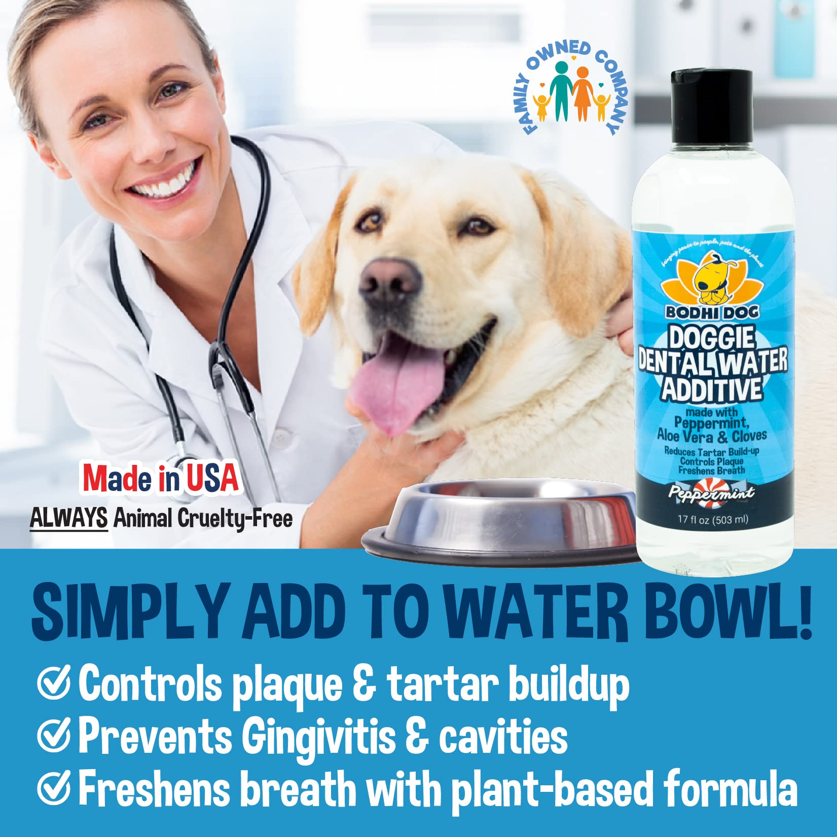 Bodhi Dog Peppermint Dental Water Additive eco-friendly packaging shown.