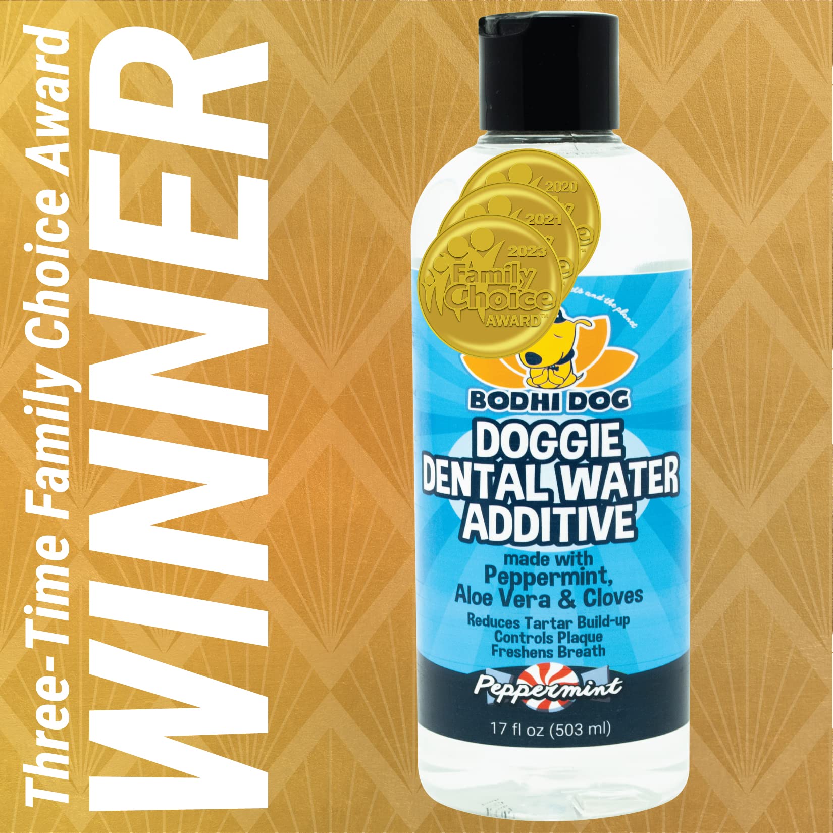 Bodhi Dog Peppermint Dental Water Additive being poured for daily refreshing breath.