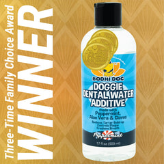 Bodhi Dog Peppermint Dental Water Additive being poured for daily refreshing breath.