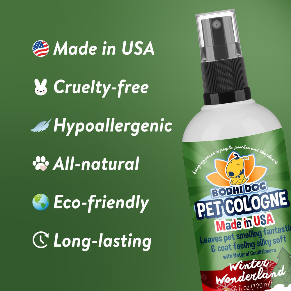 Bodhi Dog premium pet perfume label highlighting USA-made, safe formula