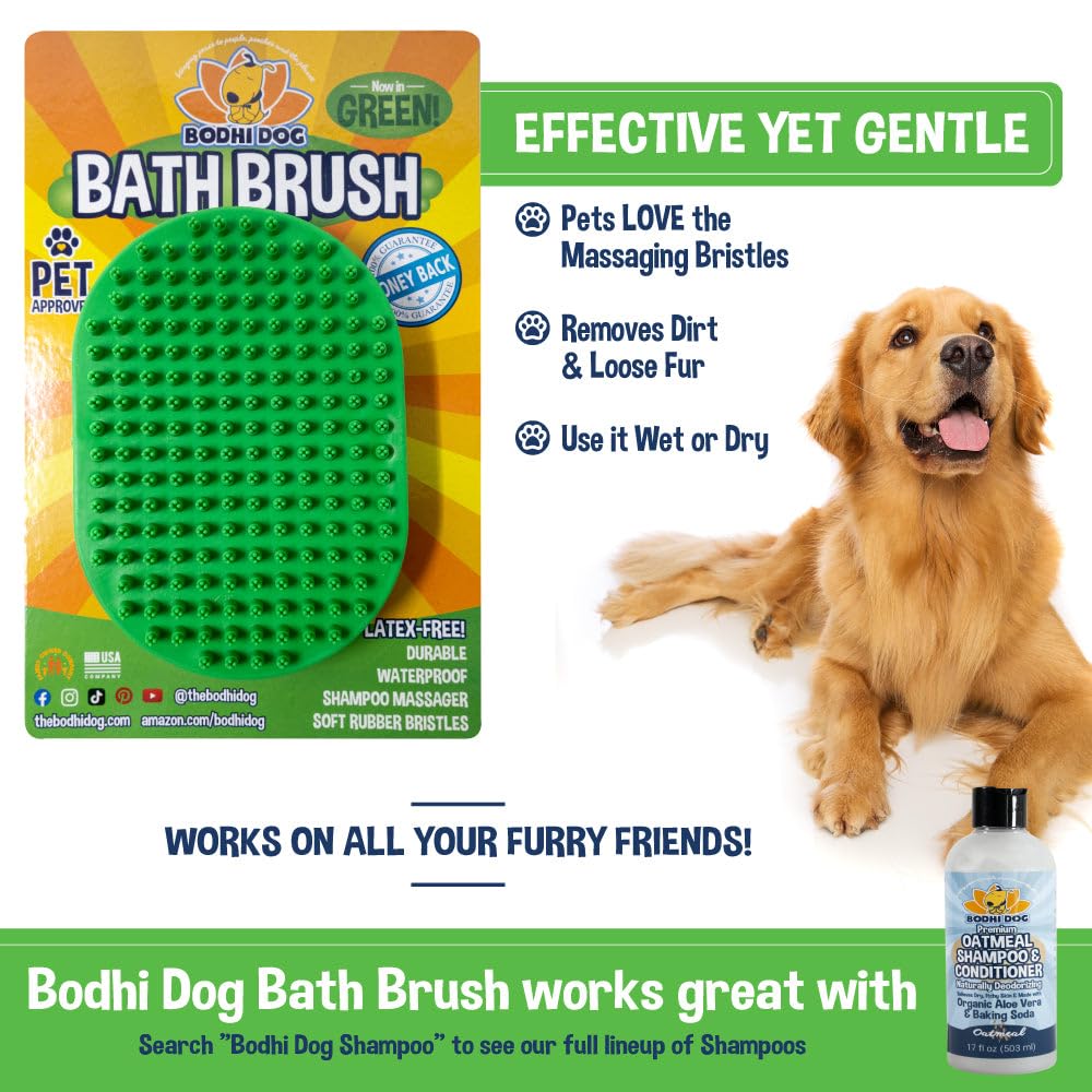 Bodhi Dog Shampoo Brush close-up deshedding action with rubber teeth capturing loose fur.