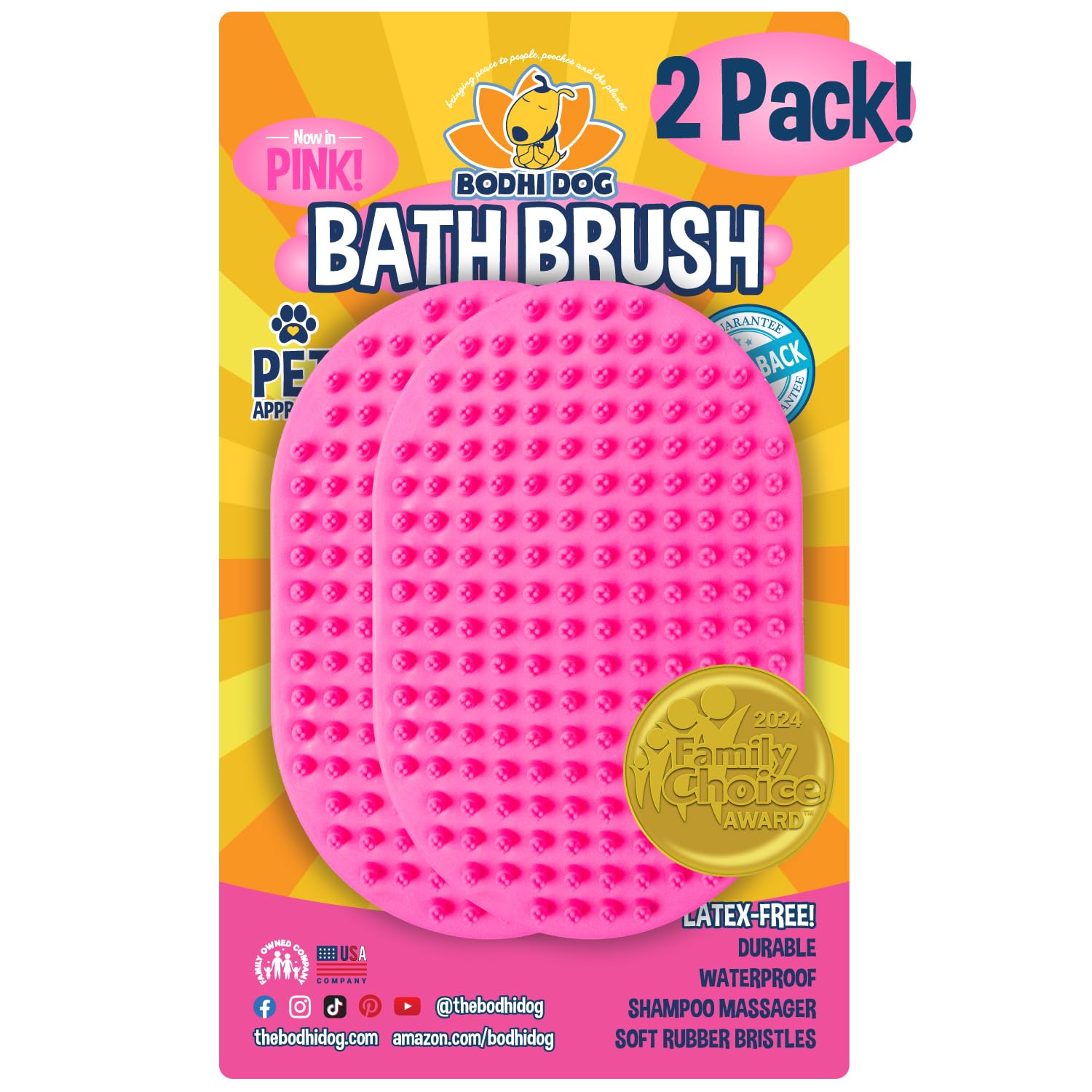 Bodhi Dog pink two-pack shampoo brush offering gentle massaging action during bath time.