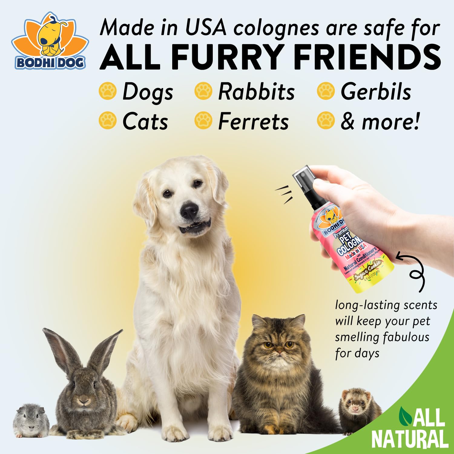 Bodhi Dog Sugar Cookie Cologne on fur provides a gentle scent after play.