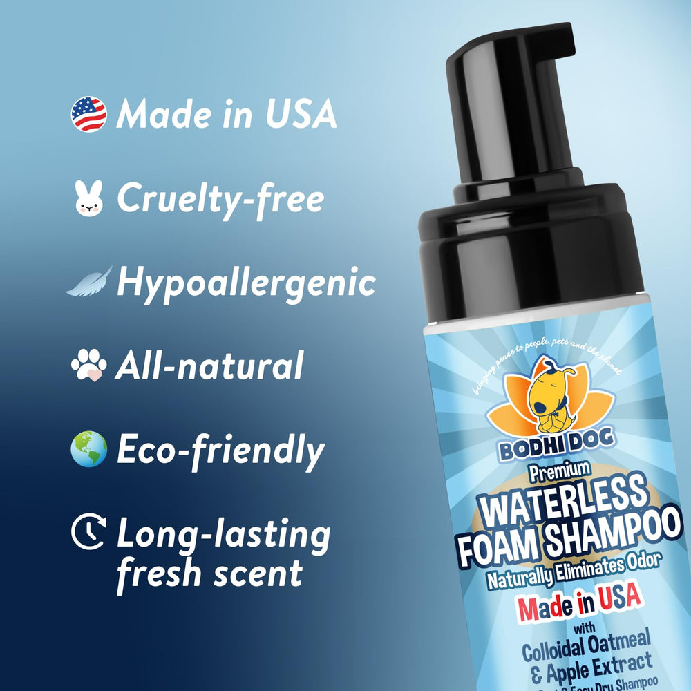 Bodhi Dog Waterless Foaming Shampoo closeup ingredients highlights oatmeal and coconut for gentle care.