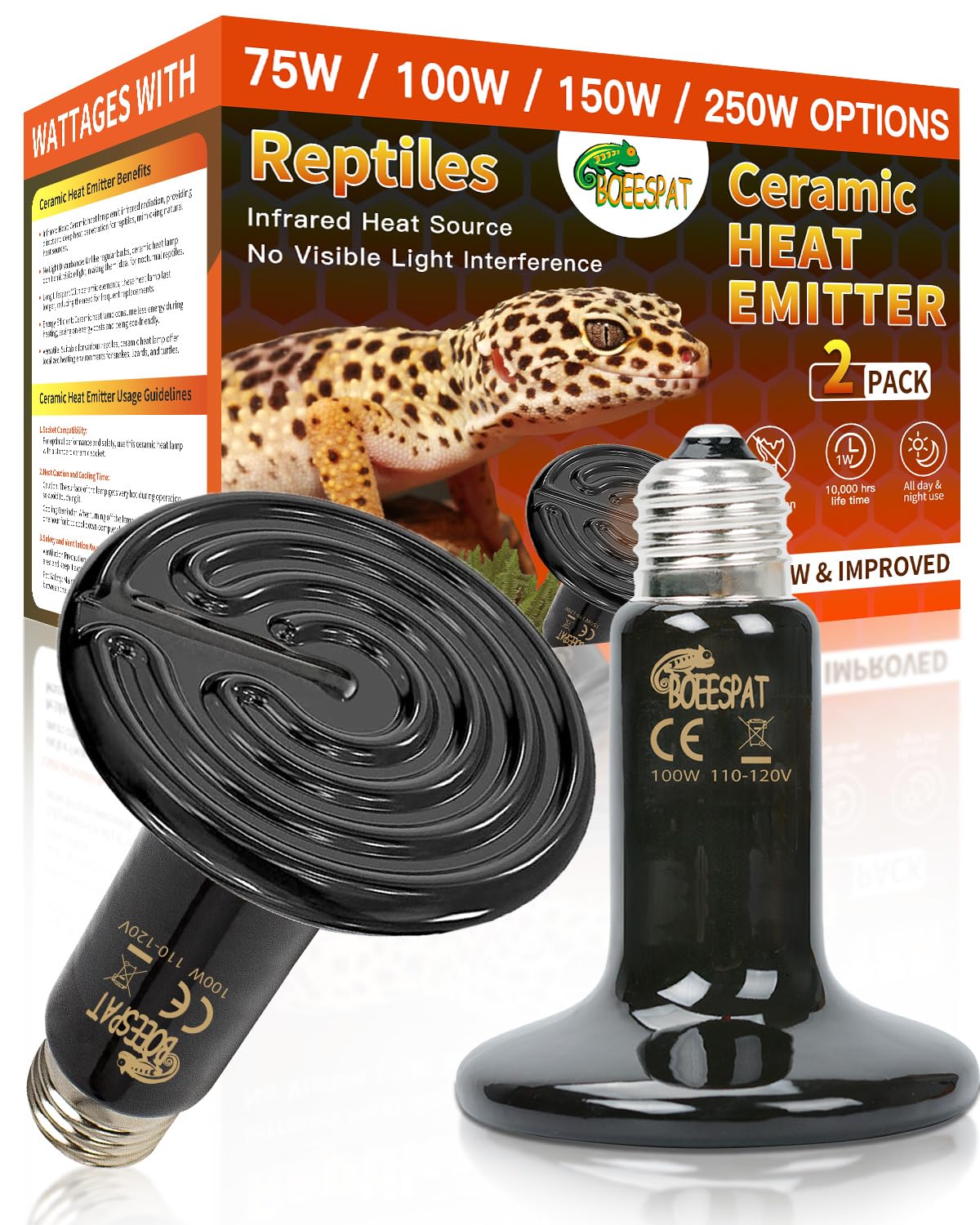 BOEESPAT 100W ceramic heat emitter pack-2 provides consistent day-and-night warmth for reptiles