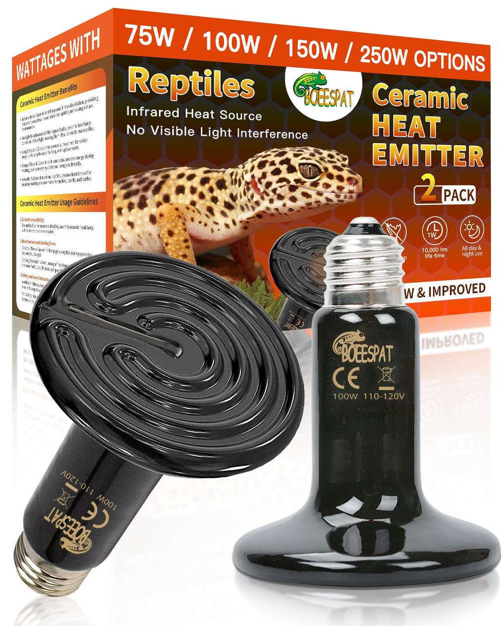 BOEESPAT 100W ceramic heat emitter pack-2 provides consistent day-and-night warmth for reptiles