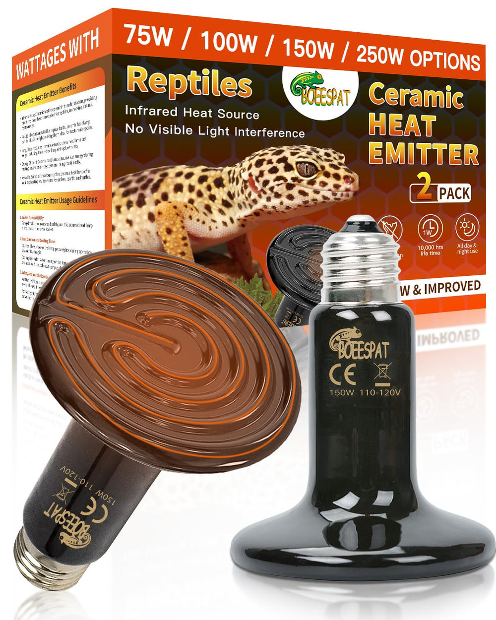 BOEESPAT ceramic heat lamp 150W front view provides steady warmth for reptile basking.
