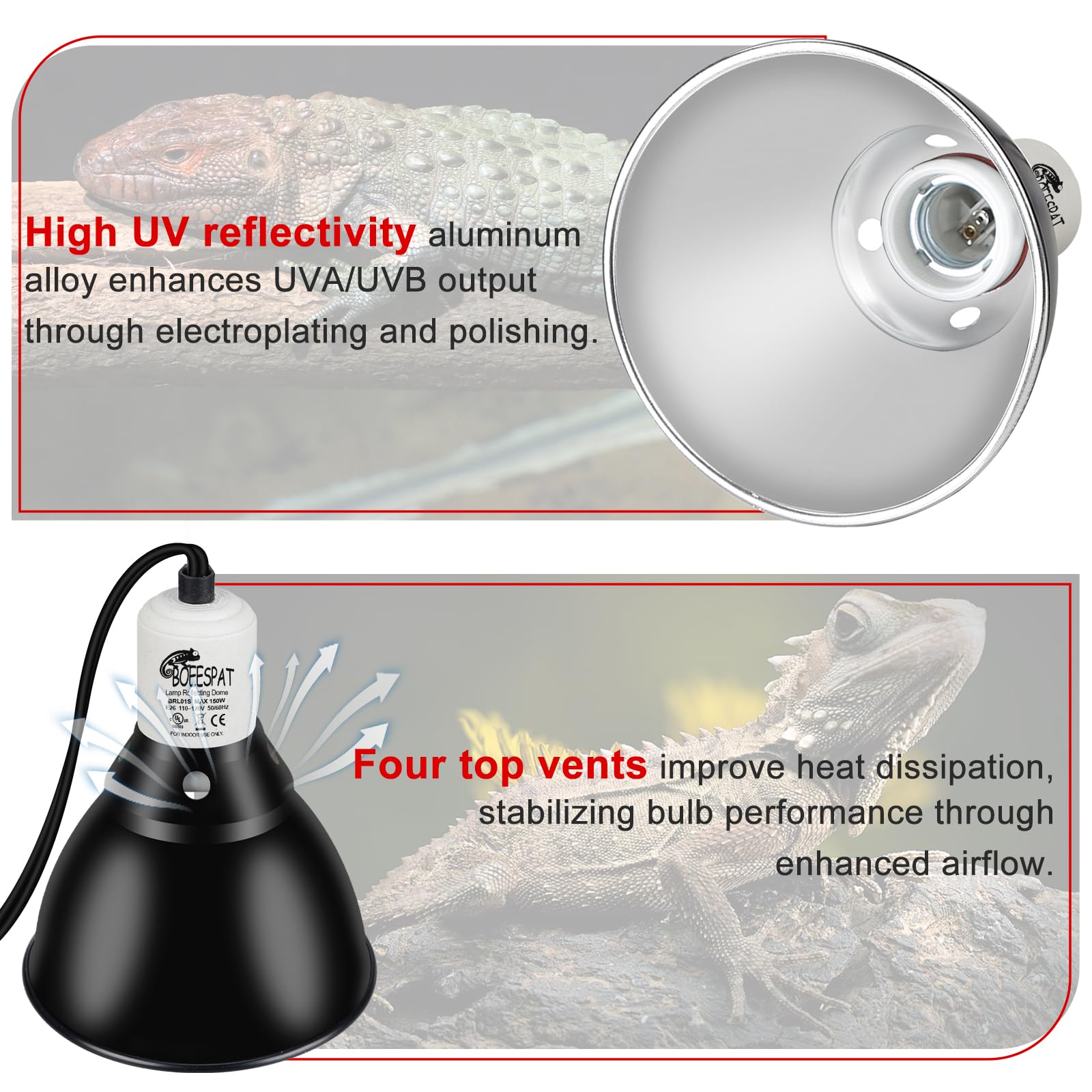 BOEESPAT dome interior aluminum boosts UVA/UVB output for reptiles.