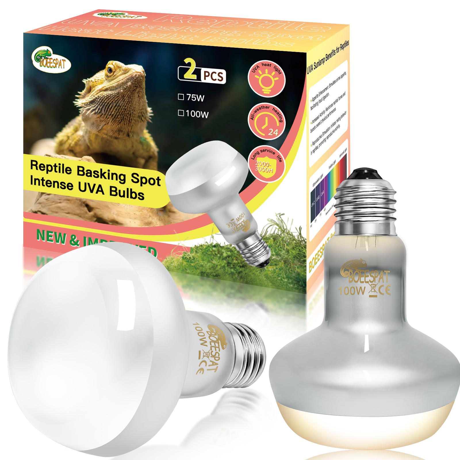 BOEESPAT Intense 100W UVA spotlight bulb front view for reptile basking.