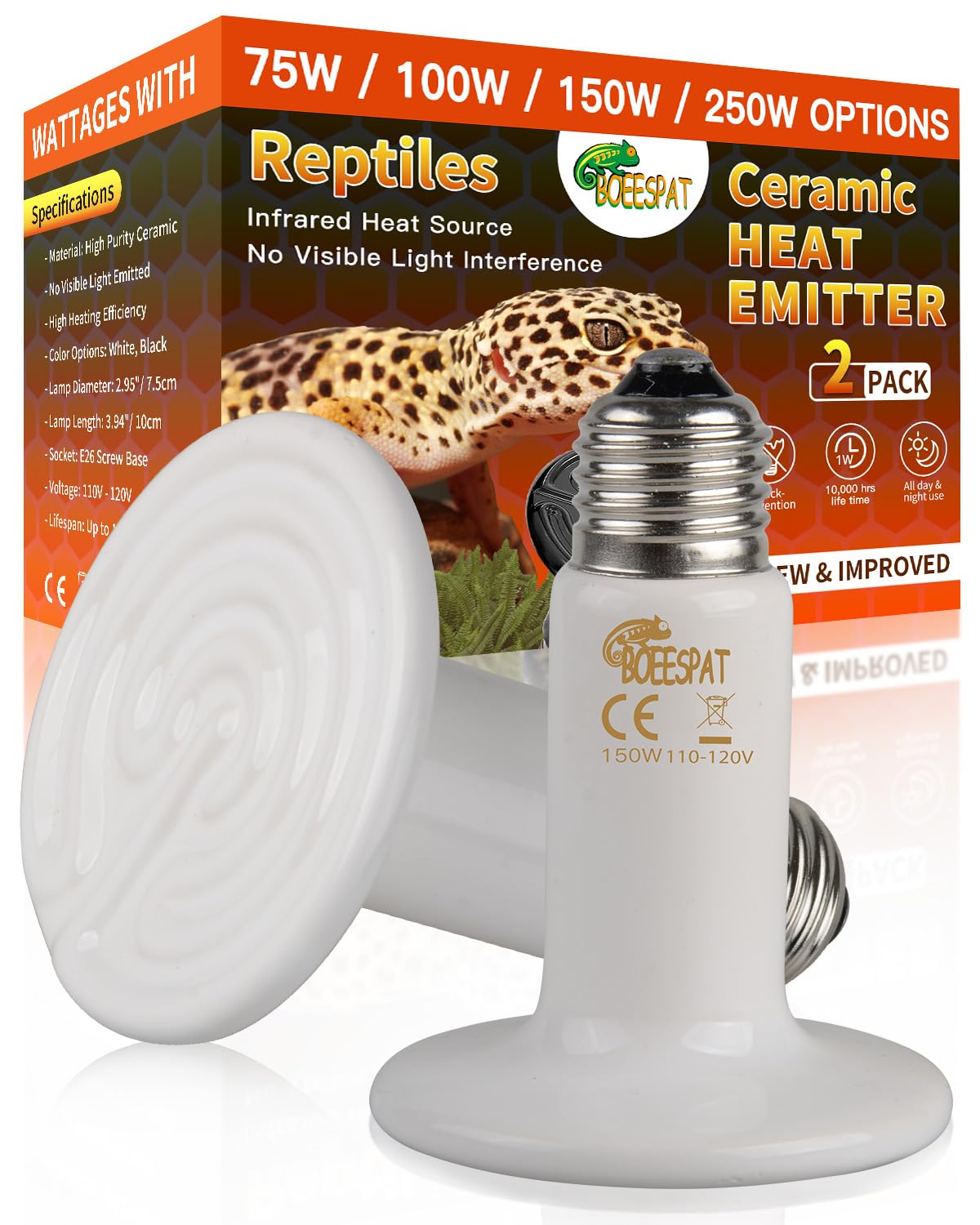 BOEESPAT pack de 2 emisores cerámicos 100W, calor estable para reptiles.