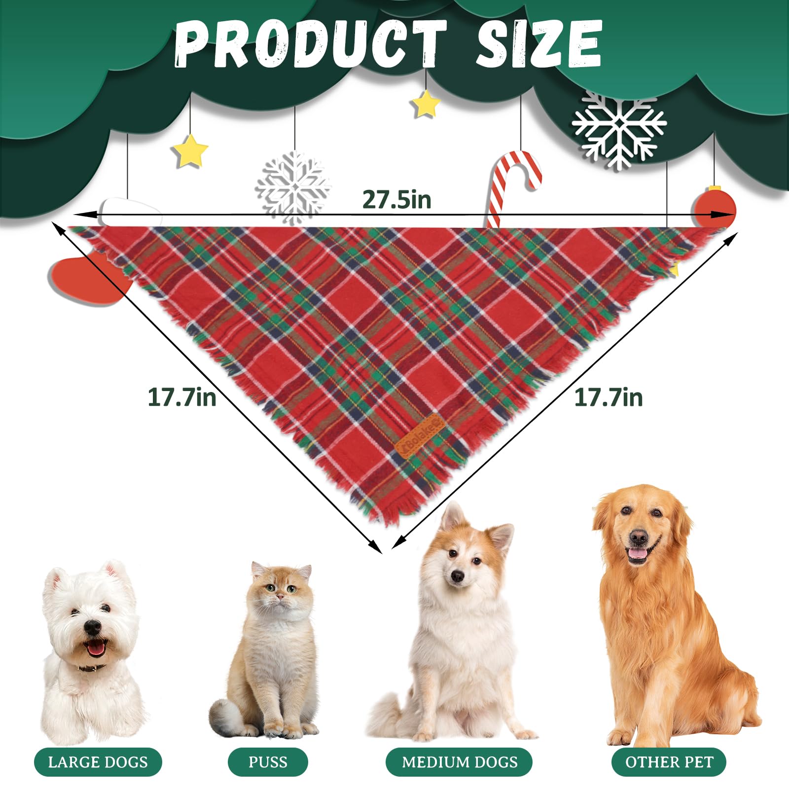 Bolake Christmas plaid dog bandana on small to medium dogs with classic pattern.