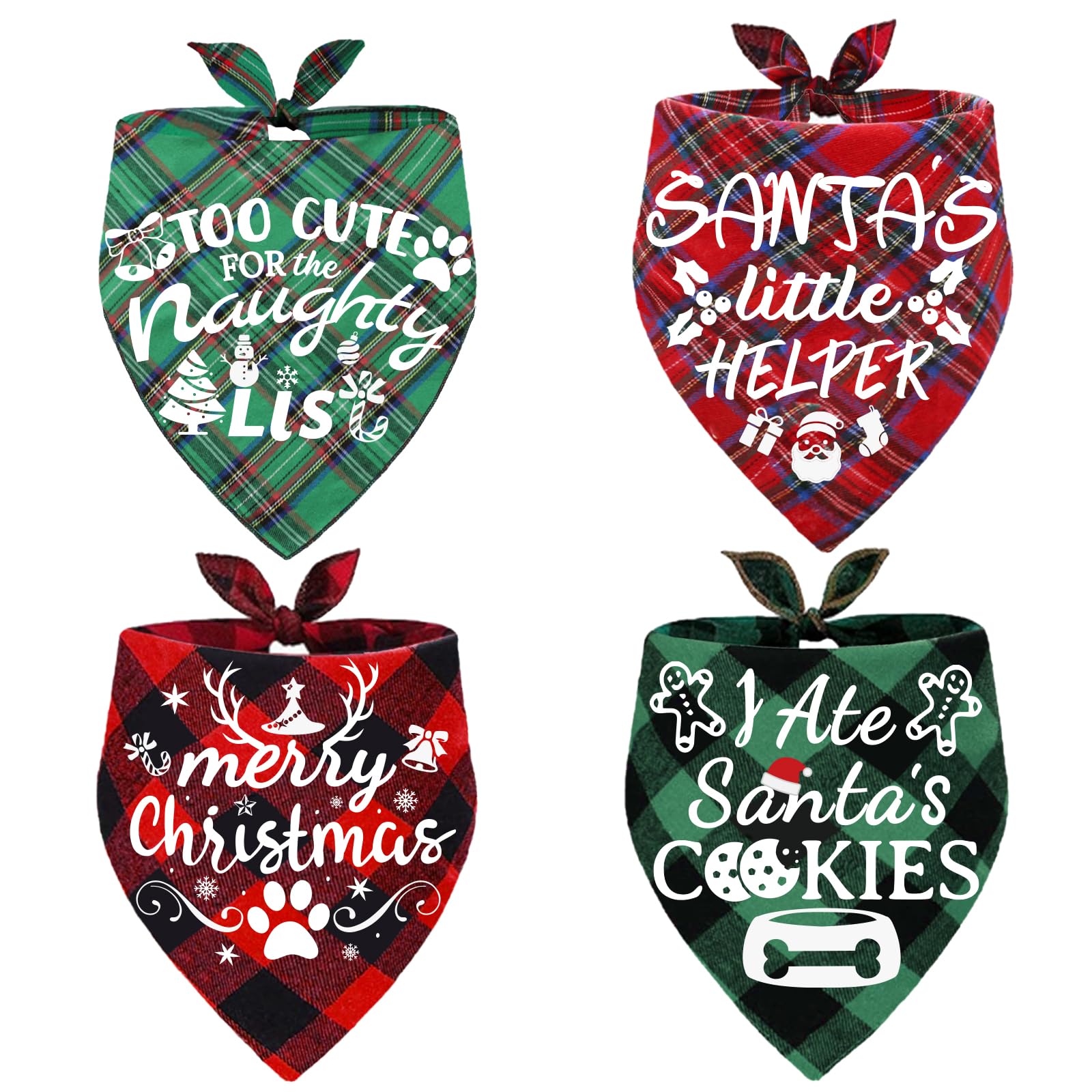 Bolake 4-pack Christmas dog bandana front view for all sizes, ideal everyday wear.