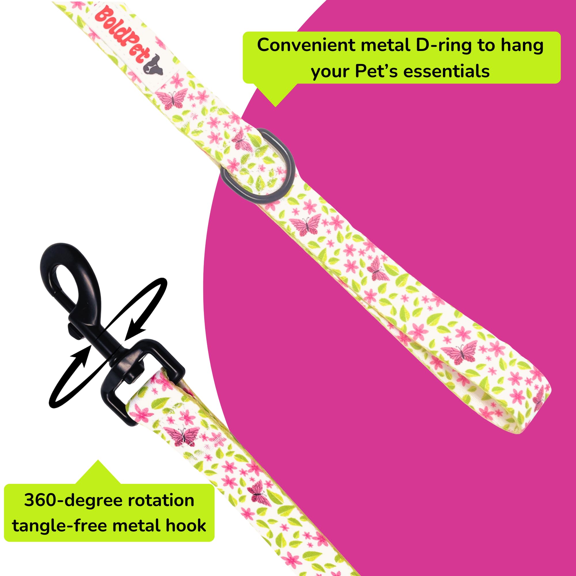 BoldPet integrated D-ring clip for waste bag dispenser during walks.