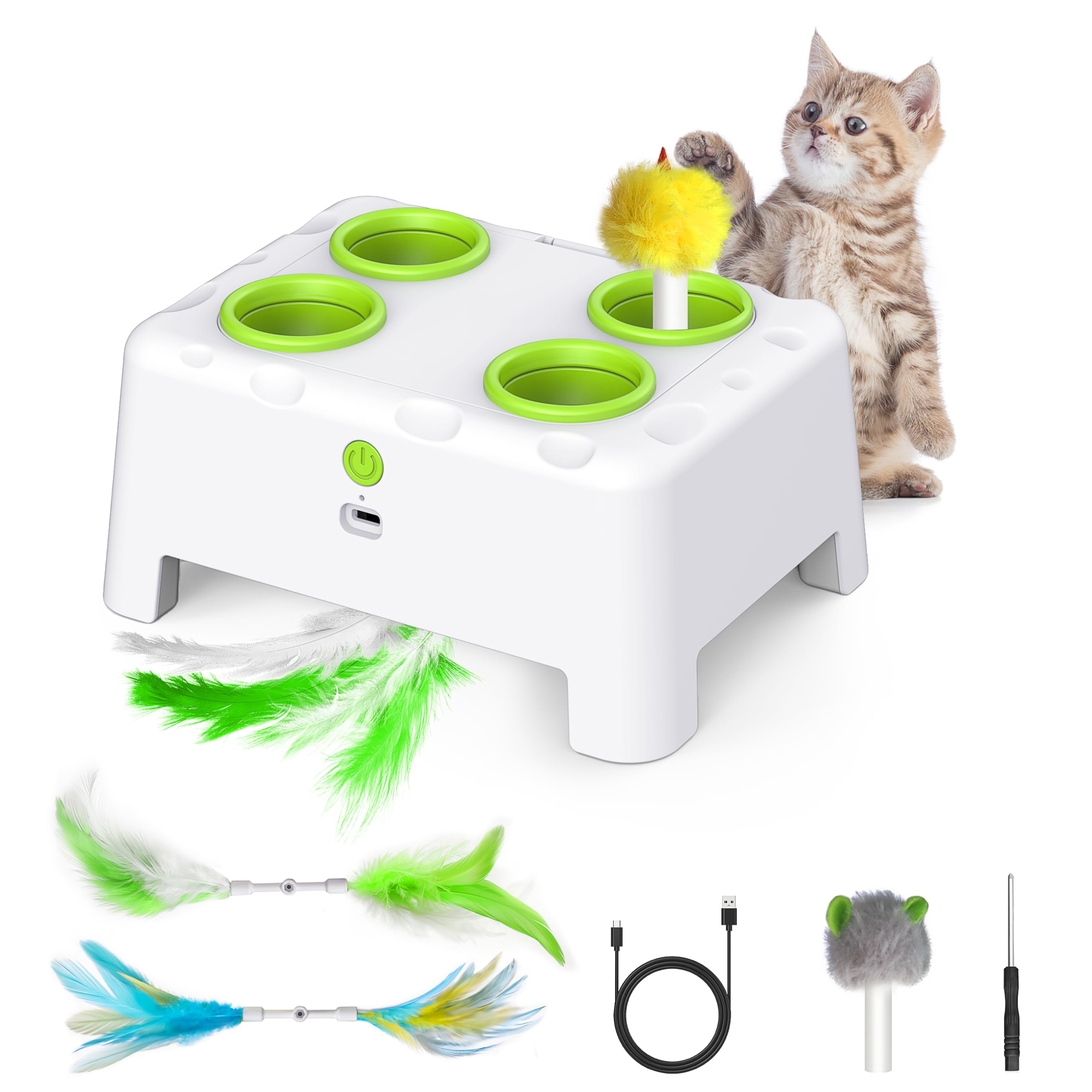 Bolpetizo interactive-2in1-cat-toy-white top-view shows four-hole mouse launcher for engaging play.