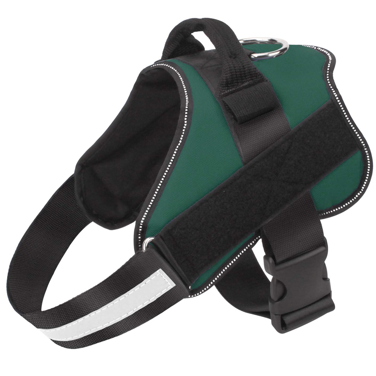 Bolux dog harness no-pull design on dark green vest improves comfortable walking.