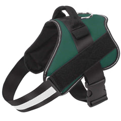 Bolux dog harness no-pull design on dark green vest improves comfortable walking.