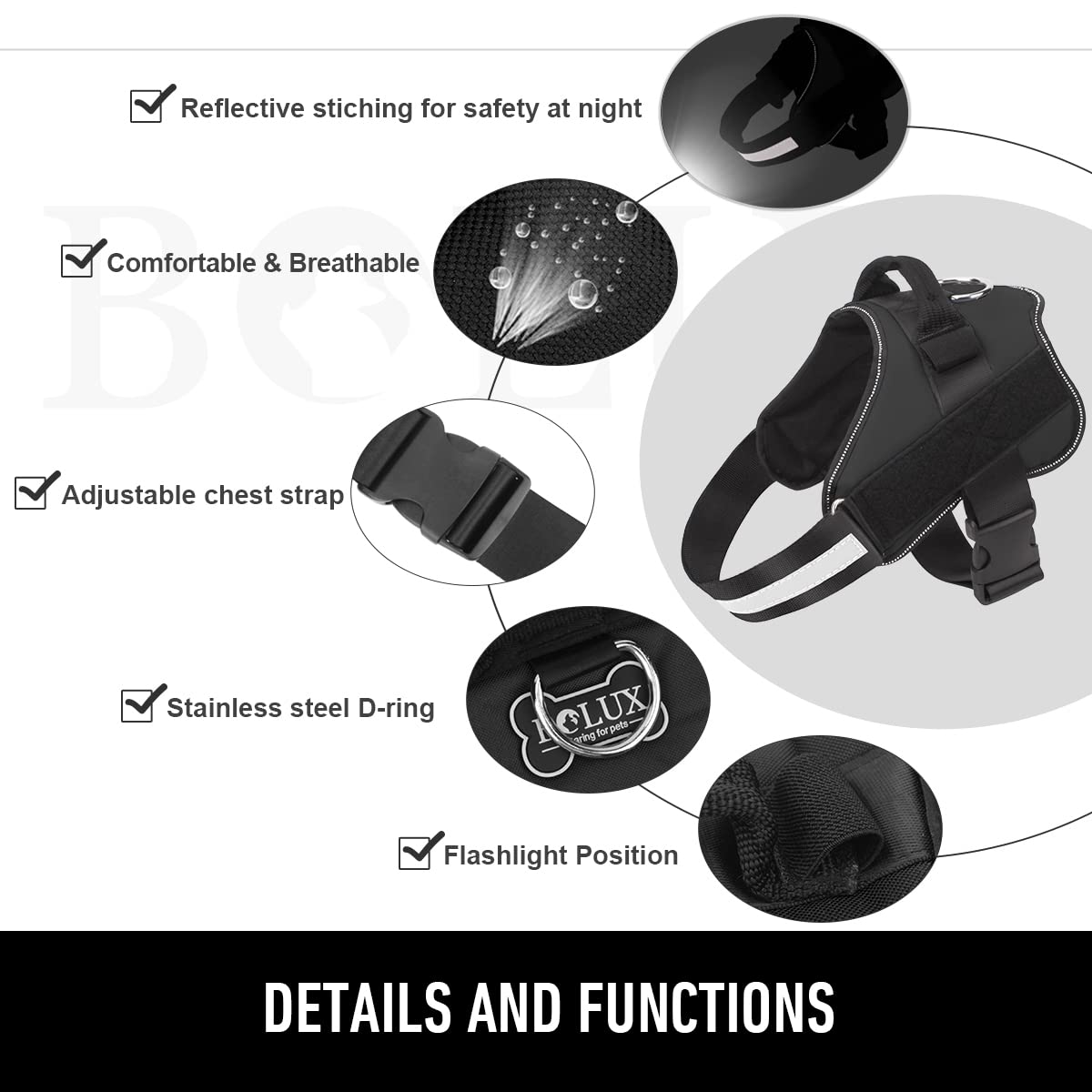 Bolux harness with adjustable chest strap for a personalized fit.