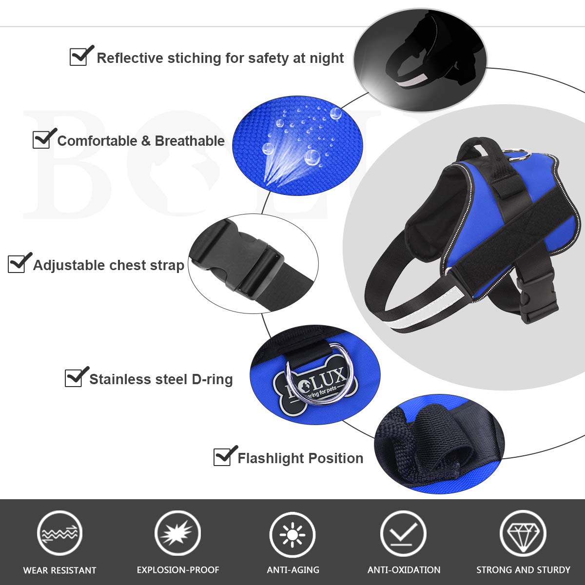 Bolux no-pull harness adjustable chest strap for secure fit.