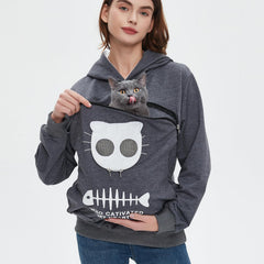 Bombaxceiba Pet Pouch Hoodie side view highlights flexible pocket and cuffs for secure wear.