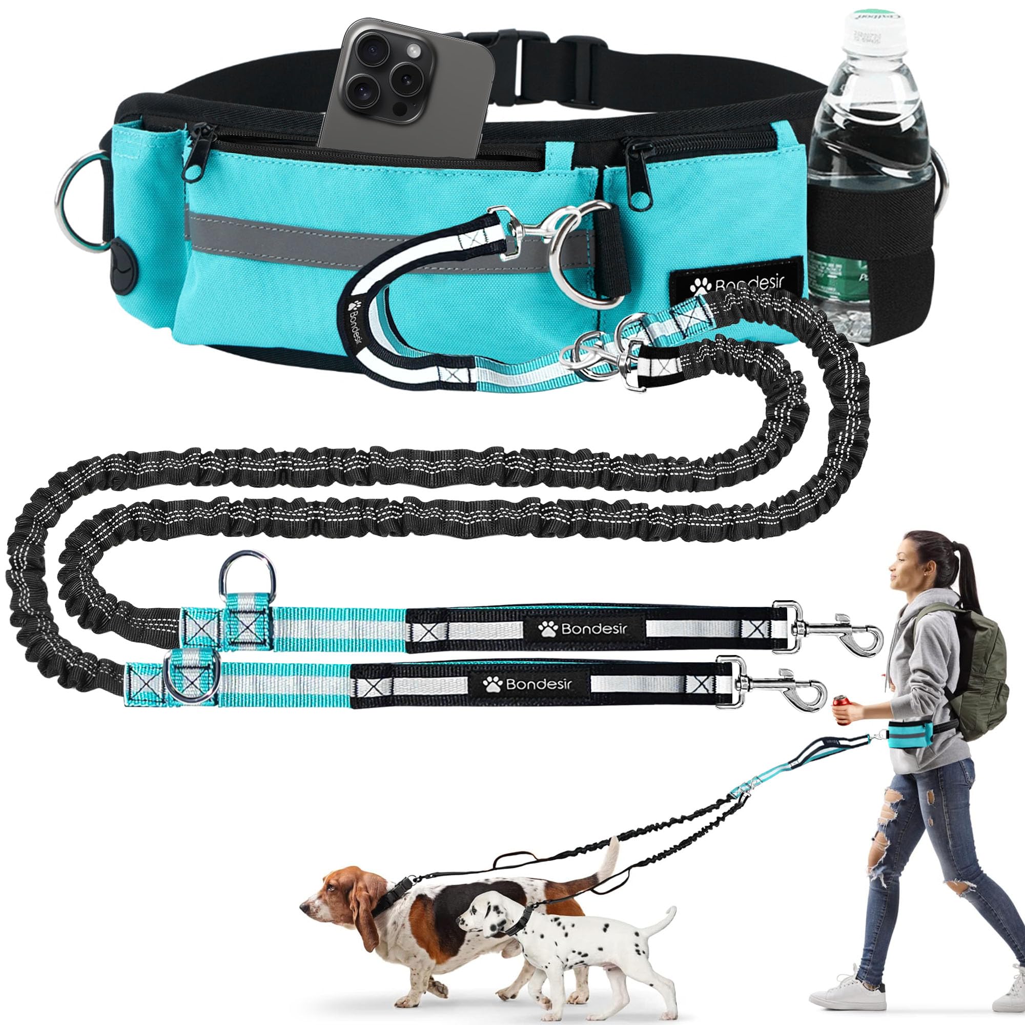BONDESIR waist belt two dogs enables hands-free control during calm, controlled walks.