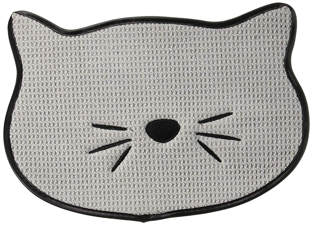 Bone Dry embroidered cat shape placemat gray with microfiber surface for mess-free feeding.