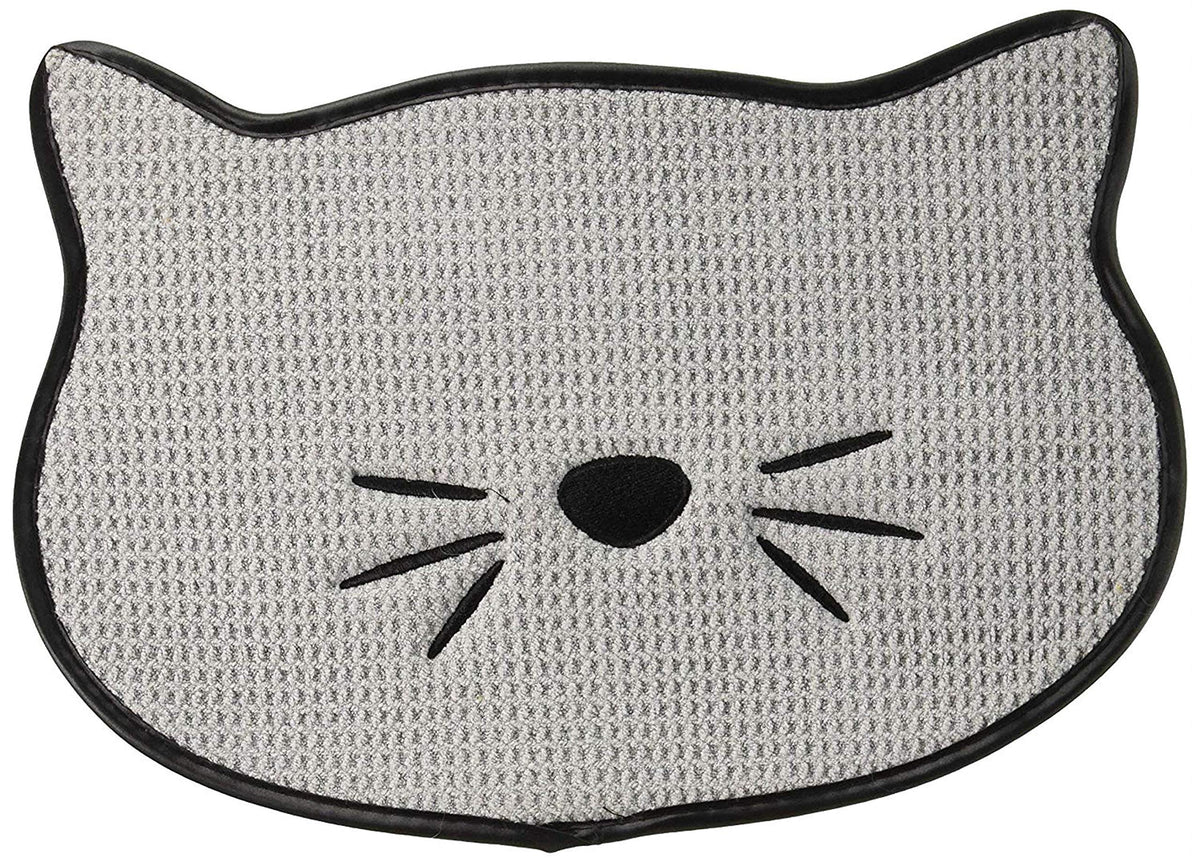 Bone Dry embroidered cat shape placemat gray with microfiber surface for mess-free feeding.