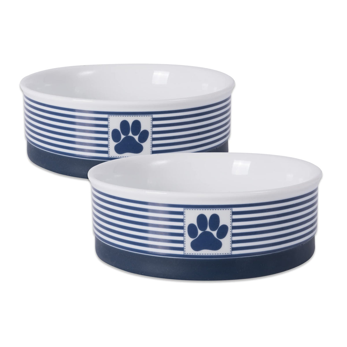 Bone Dry Paw Patch ceramic pet bowl Nautical Blue 6x2 highlights non-slip base for mess-free meals.