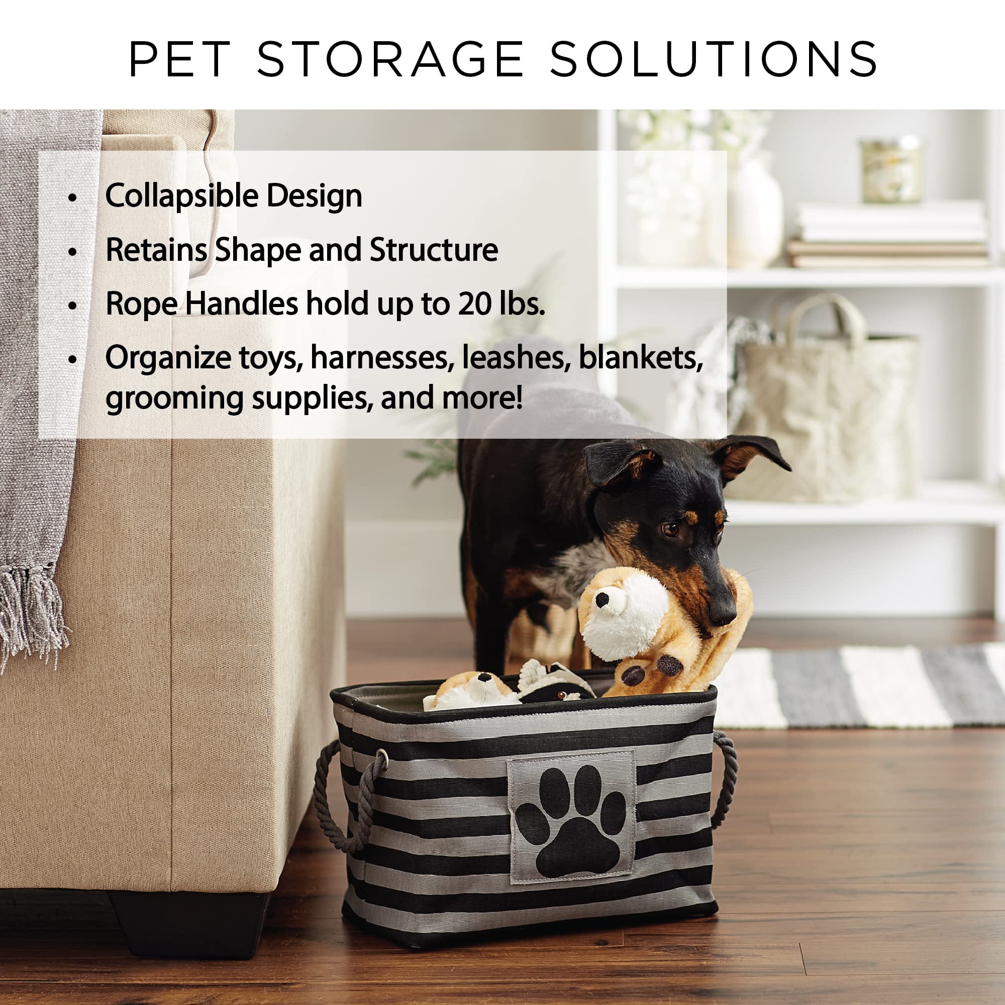 Bone Dry design detail paw-print highlights stylish pet storage accessory.