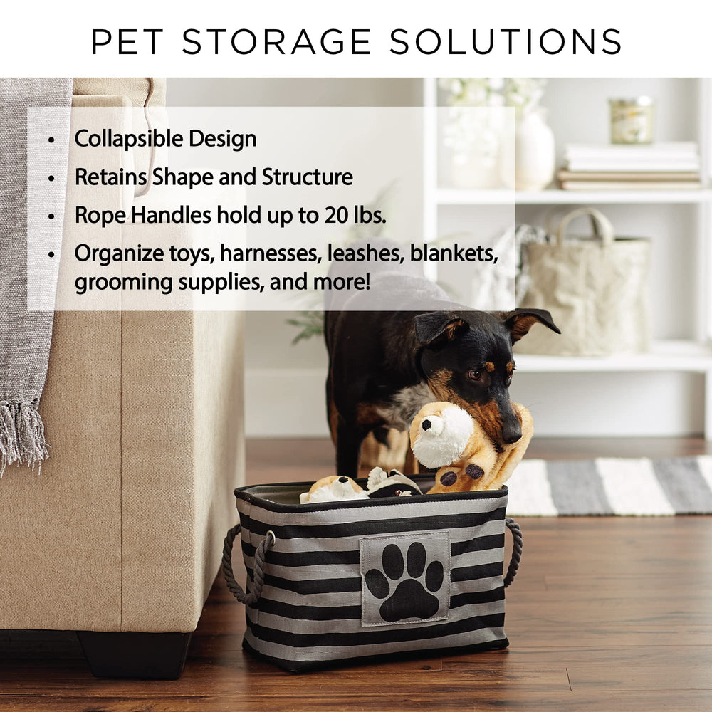 Bone Dry design detail paw-print highlights stylish pet storage accessory.